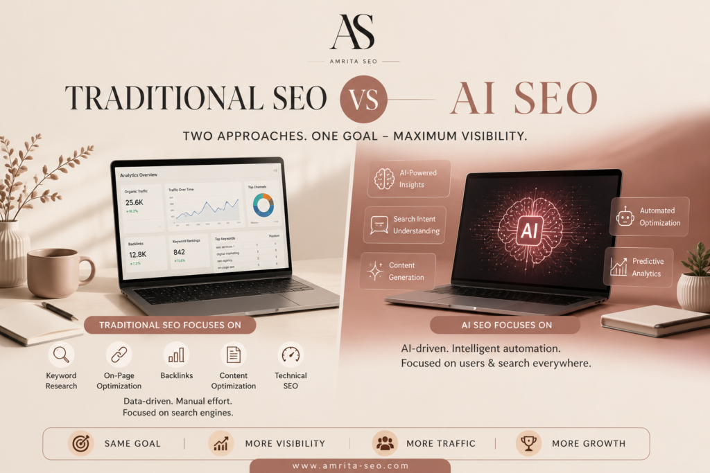 Traditional SEO vs AI SEO comparison infographic by Amrita SEO, showing keyword research, backlinks, and technical SEO versus AI-powered insights and automation